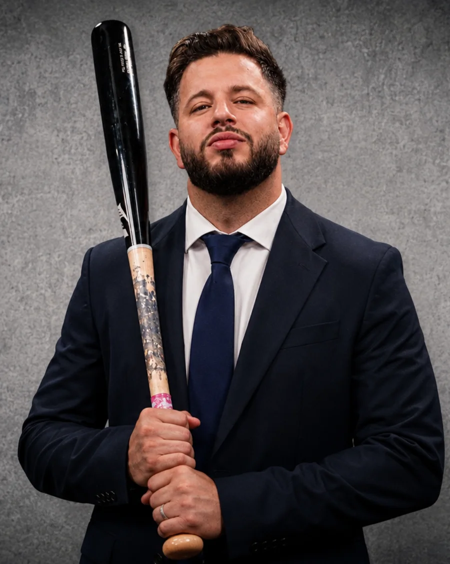 Henry Morales con traje sosteniendo un bate de béisbol